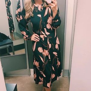 A New Day Olive Floral Print Long Sleeve Collared Midi Shirtdress